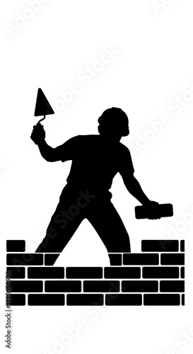 A silhouette of a construction worker or bricklayer building a brick wall with a trowel and a brick, representing manual labor and craftsmanship.