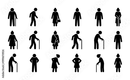 Elderly people silhouette icons set, senior citizens with walking sticks and canes, 18 black vector pictograms of old men and women