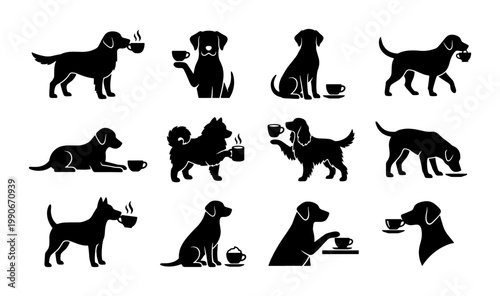 Black dog silhouette set with coffee cups, 12 canine icons drinking tea and coffee, funny pet cafe vector illustrations for logos and branding
