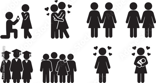 Life milestones icon set featuring wedding proposal graduation family portrait motherhood and romantic relationship silhouettes for social media and infographic design elements