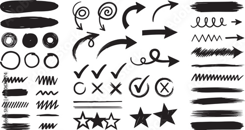 Collection of hand drawn brush strokes arrows circles and decorative elements in black ink