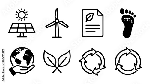 Sustainable energy and ecology line icons, set of 8 environmental symbols, renewable power and carbon footprint vector graphics for green business