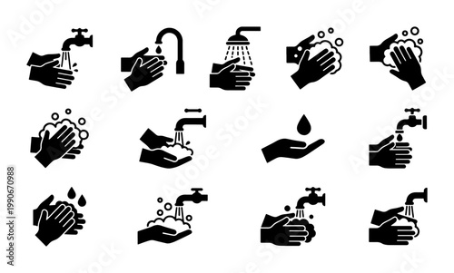Hand washing icons set, black hygiene symbols for sanitation and health, 12 vector elements showing soap lather and water faucet for medical use