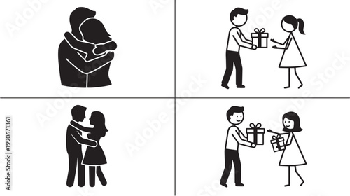Romantic couple icon set featuring scenes of man giving gift box to woman hugging and intimate moments isolated on white background for wedding