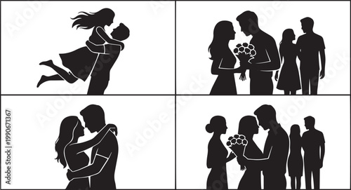 Romantic couple silhouette set with scenes of man lifting woman hugging giving flowers and intimate moments isolated on white background for wedding design