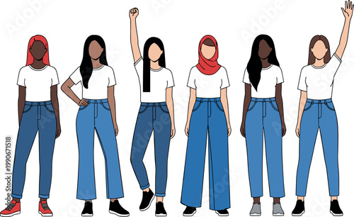 Diverse group of multiethnic women standing together in solidarity protesting for rights empowerment and female unity vector illustration.