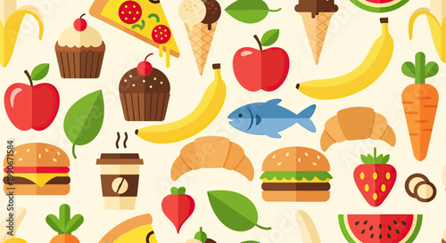 A vibrant, flat-design collage of various foods and drinks on a pale background