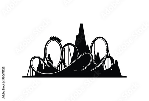 A striking black silhouette of a rollercoaster against a white background silhouette