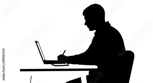 A silhouette of a person working on a laptop and writing at a desk, depicting focus and productivity.