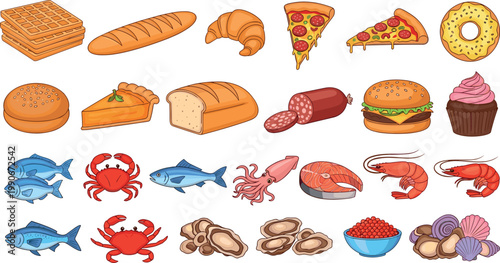 Diverse food vector illustration set including bakery products fast food seafood fish crab pizza and burger for restaurant menu design.