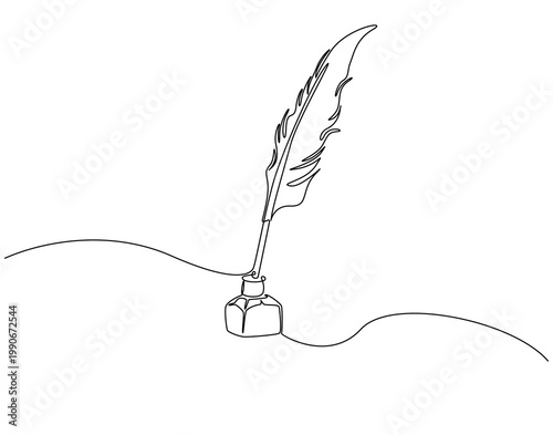 Continuous one line drawing of inkwell and feather pan. One line drawing illustration of inkwell and pen. Calligraphy concept single line. Editable outline