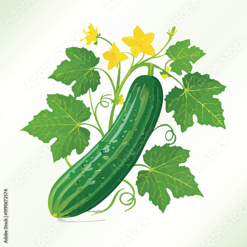 Fresh cucumber with leaves and blossoms illustration isolated on white