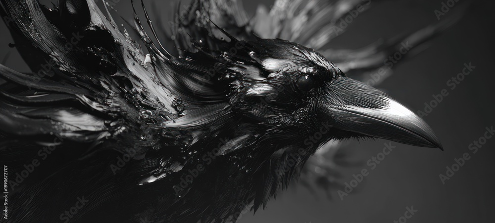 Fototapeta premium Close up black raven head in dramatic lighting bird portrait