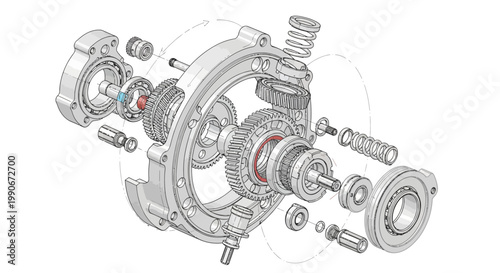 Detailed CAD illustration showing the inner workings of a mechanical assembly with gears and springs, presented in a technical drawing style, set against a clean white background