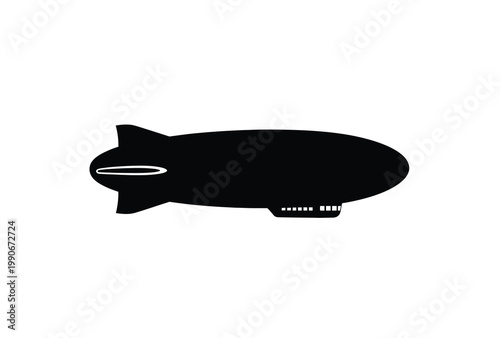 A dark striking silhouette of a classic airship against a white background silhouette