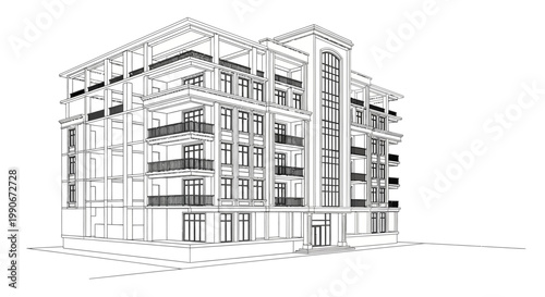 Detailed CAD drawing of a multi-story residential building, rendered as a vector illustration with precise line work, showcasing architectural design and structural engineering