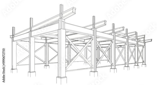 Detailed technical drawing illustration of a steel structure, showcasing the framework and construction details with clean lines and a neutral color palette, presented as a CAD design