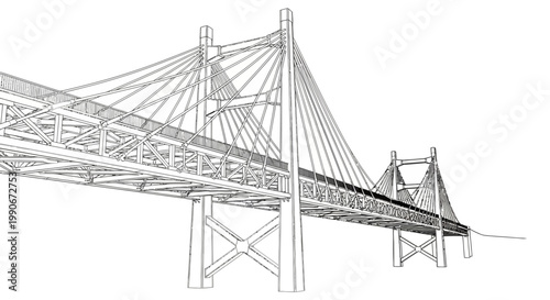Detailed technical drawing of a suspension bridge rendered in a CAD style, showcasing architectural design and engineering, all presented as a clean vector illustration with a minimalist