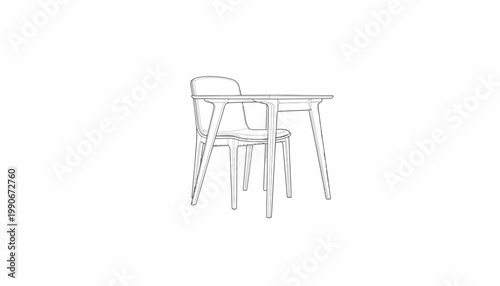 Detailed technical drawing showcasing a chair and table, presented as a clean vector illustration with precise lines, creating a minimalist furniture design on a stark white background