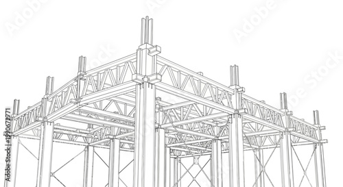 Detailed CAD-style engineering illustration of a metal framework, showcasing its structural design with precise line work and a clean white background, emphasizing the technical drawing's