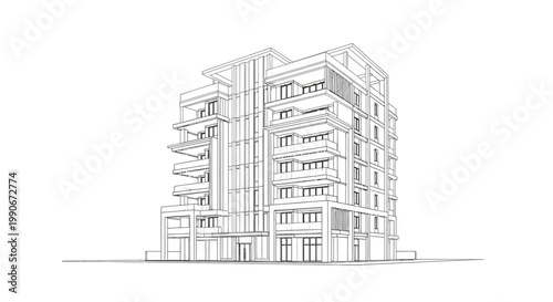 Detailed line art illustration showcases a modern building design from a low angle, offering a technical drawing style reminiscent of architectural plans with a clean white background