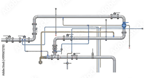 Technical drawing illustration of a complex network of industrial pipes and valves in a CAD style, depicted with clean lines and a neutral color palette on a plain white background
