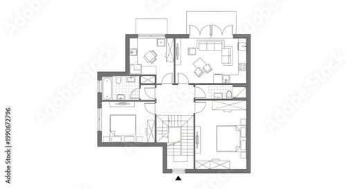 Detailed CAD style technical drawing illustration showing the floor plan of a residential building with furniture, created in a minimalist black and white vector design, presented