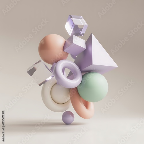 Abstract Composition of Floating Geometric Shapes in Soft Pastel Purple Pink Green and Cream Colors with Transparent Cubes and Spheres Creating a Dreamy and Whimsical Scene
