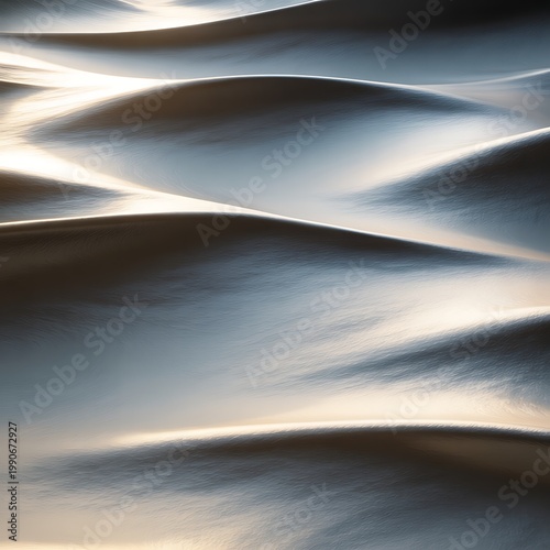 Abstract close-up of metallic waves with a brushed texture, reflecting soft golden and cool blue light, creating a sense of fluid motion and depth with smooth, undulating forms and subtle highlights