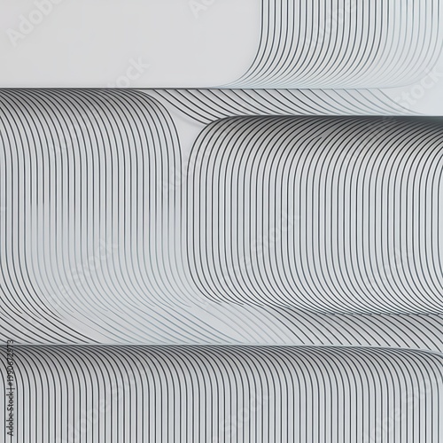 Abstract Geometric Pattern of Curved Lines and Waves in Black and White with Subtle Gradients and Shadows Creating a Sense of Depth and Movement on a Light Background with Repeating and Optical