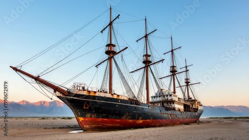 A historic wooden sailing vessel with tall masts and sophisticated rigging, stranded on a dry sea, represents the concept of past discoveries and sea voyages