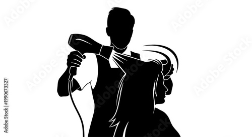 Silhouette illustration of a professional hairdresser drying a client's hair with a blow dryer in a salon setting.