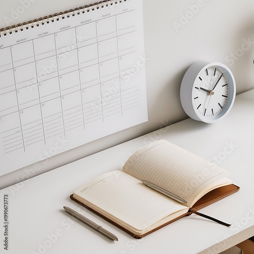 Desk Scene with an Open Lined Notebook and Two Pens on a White Surface Next to a Spiral Bound Monthly Calendar and a Light Blue Round Desk Clock