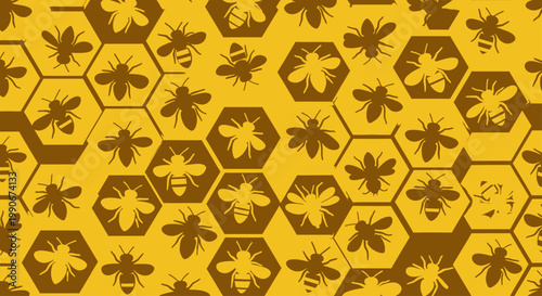 Yellow and brown repeating pattern of bees within hexagonal honeycomb shapes