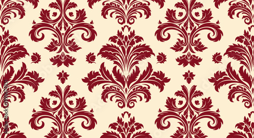 Ornate damask pattern with deep red floral motifs on a pale cream background