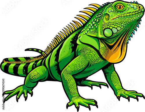 Illustrative depiction of a vibrant green iguana basking in a serene environment, displaying intricate details of scales and spines against a clean