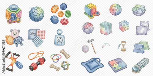 Watercolor collection of sensory and fidget toys, exercise equipment, and relaxation tools for children and adults.