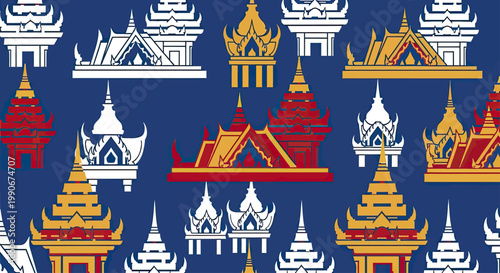 A vibrant seamless pattern of ornate, multi-tiered architectural structures on a deep blue background