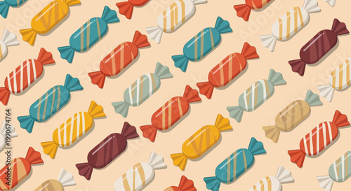A repeating pattern of colorful, striped candies with twisted ends on a cream background