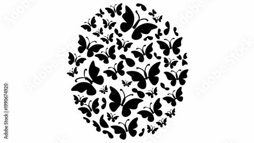 A harmonious circular arrangement formed by a multitude of black butterfly silhouettes of varying sizes, symbolizing unity, completeness, and the continuous cycle of nature and transformation.