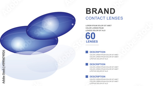 Promotional graphic showcasing two blue contact lenses with brand and product details on a clean white background.