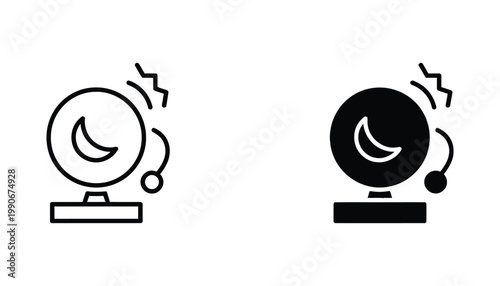 Night mode or sleep timer alarm bell icon set featuring crescent moon symbol in outline and solid black vector design