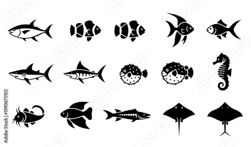 Fish silhouette icon set vector aquatic minimal marine illustration