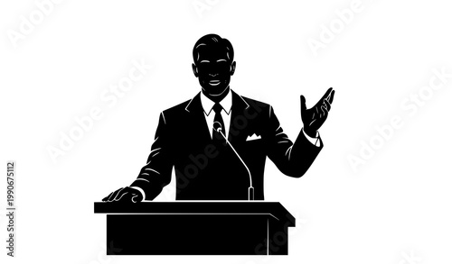 Speaker silhouette at podium vector orator microphone speech illustration
