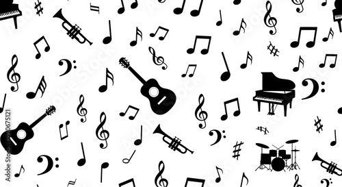 Black music notes, instruments, and symbols on white background