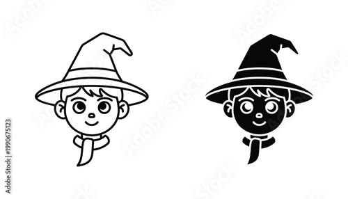 Young wizard character head portrait vector illustration featuring outline and solid black silhouette styles for magical fantasy theme graphic design projects