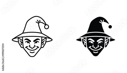 Wizard or elf character head icon set with pointy hat in outline and solid styles for fantasy gaming and magical character design elements