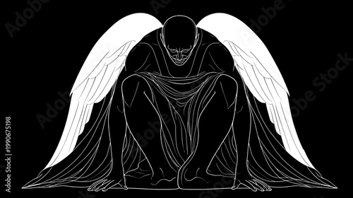 Abstract angel illustration with dramatic lighting and copy space