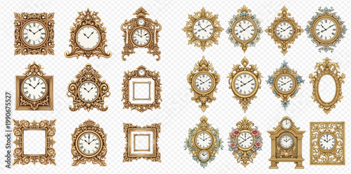 Set of antique golden clocks and frames with ornate rococo and baroque style carvings, vector illustration isolated on transparent background.