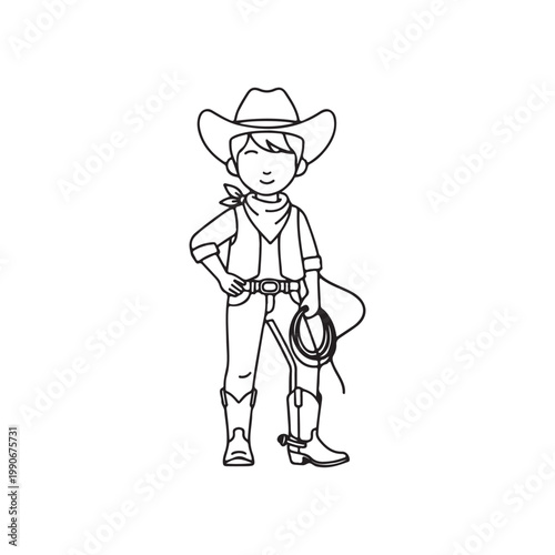 Little young cowboy outline vector flat illustration design